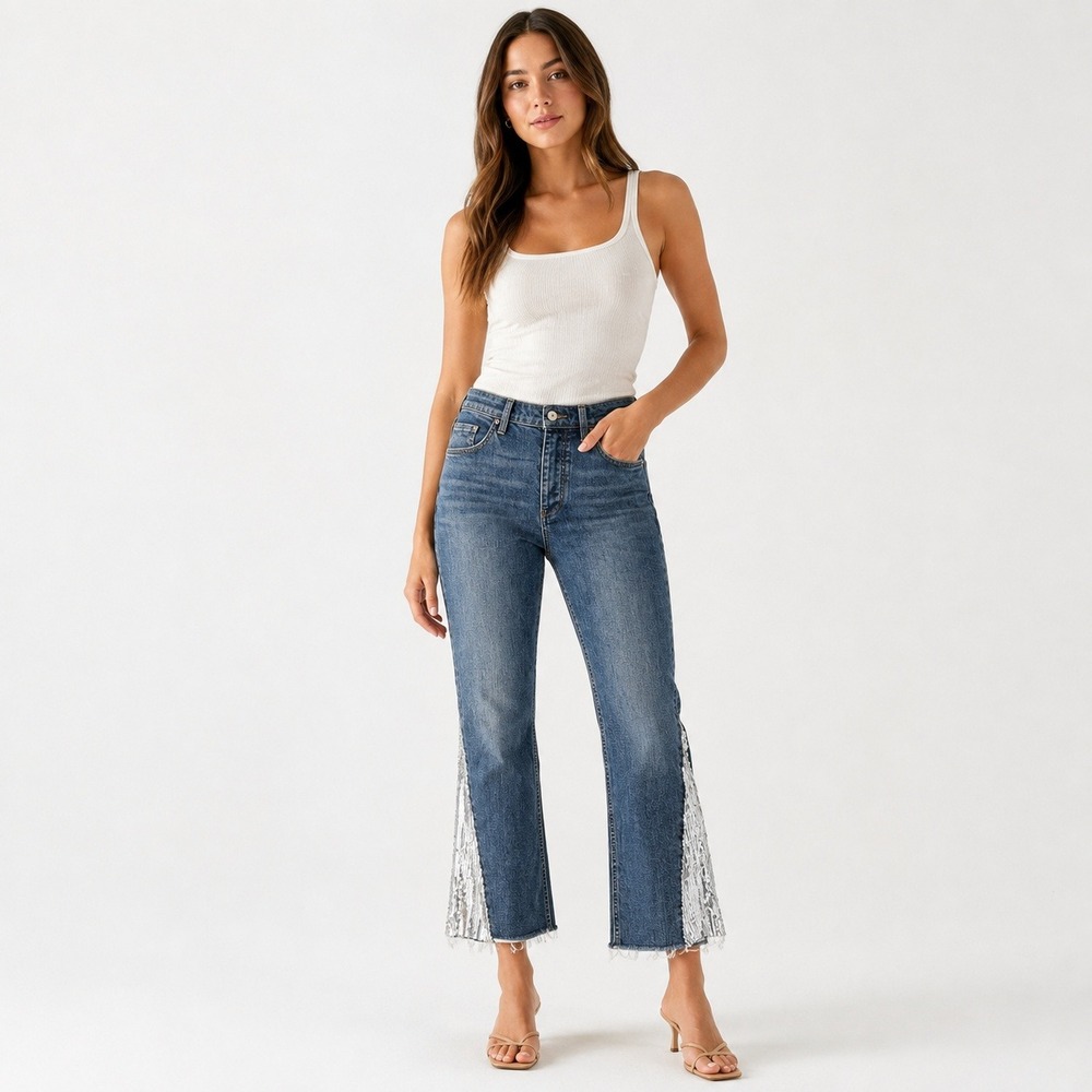 Pilcro and the Letterpress Jeans Sequin Flare Womens Blue 28 High Rise Raw Hem